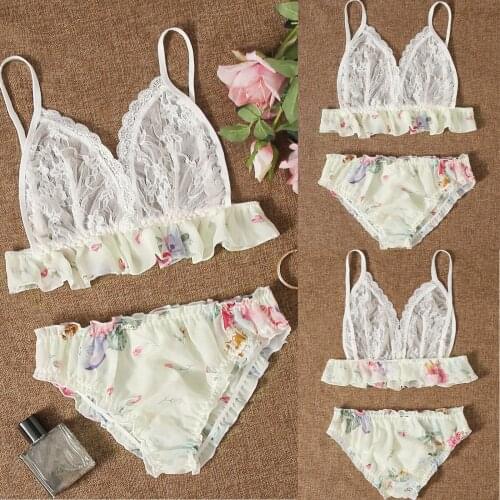 Women Sexy Lingerie Lace Floral Bra Thong Lingerie Underwear Pajamas Outfit Fashion Ruffle Print Underwear Set Lenceria