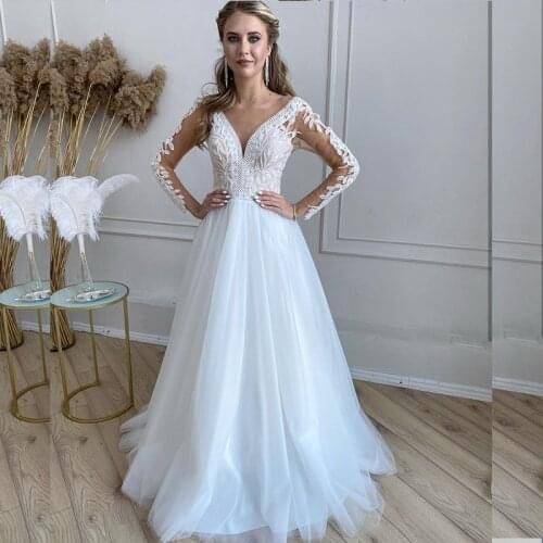 V-Neck Wedding Dress Long Sleeve Lace A-Line 2021 White Tulle Organza Appliques Bridal Gown Vintage Civil Court Train Robe De