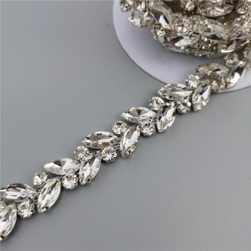 1 Meter Silver Leaf Glass Crystal Chain Bling Rhinestone Trim Metal Ribbon Collar Decoration Wedding Dress Clothing Accessories