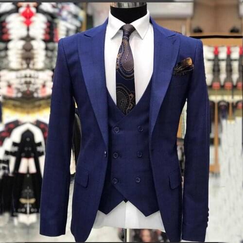 2020 Custom Made Navy Blue Suit Mens Wedding Prom Suits Fashion Groomsmen Slim Fit Tuxedos 3 Piece Set (Jacket+Vest+Pants)