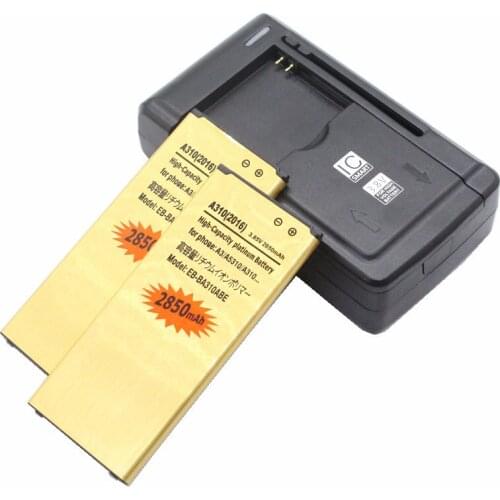 2x 2850mAh Gold Battery +Universal Charger For Samsung Galaxy A3 2016 Edition A310 A3100 A310F A310Y Rechargeable Phone Battery