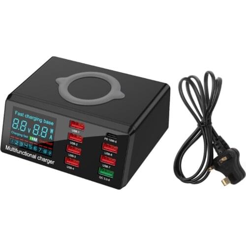 8Port Type C PD QC3.0 USB Fast Charger 10W Wireless Charger Station LED Display