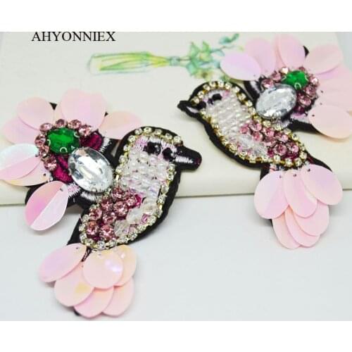 AHYONNIEX 1 Piece Small Pink Beads Bird Sew On Patch for Clothing Fashion Beading Applique for Hat Sweater DIY Accessories