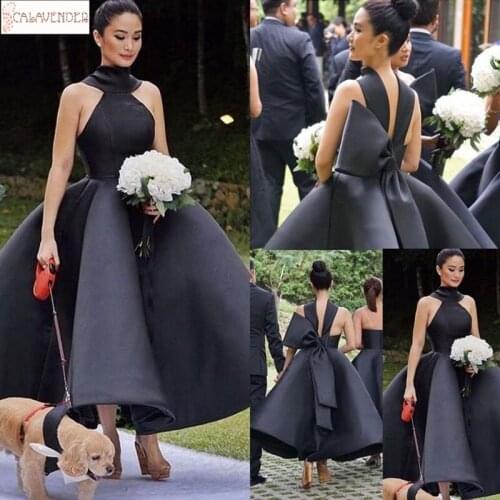 Satin Black Bridesmaid Dress for Wedding Ball Gown Ankle Length vestidos de gala with Bow Maid of Honor Evening Gown