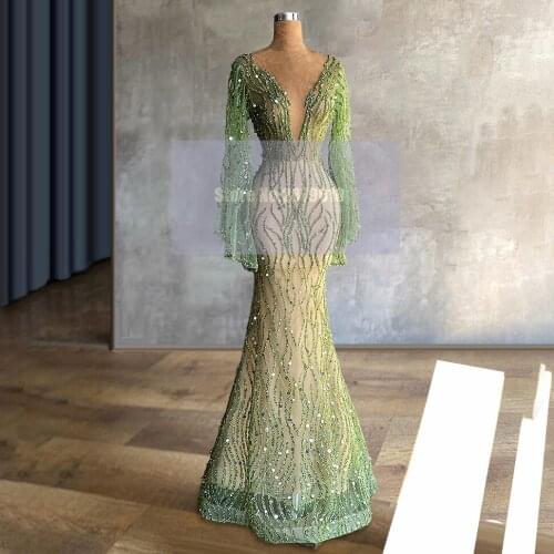 Sparkly Illusion Green Mermaid Evening Dress Beaded Sequins Floor-Length Prom Dress Pageant Dress Vestido de festa 2020 Dubai