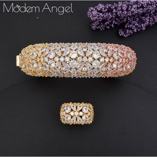 ModemAngel Luxury Saudi Arabia Bangle Ring Set For Women Full Micro Cubic Zircon Pave Party Wedding Saudi Arabic Dubai Jewelry S