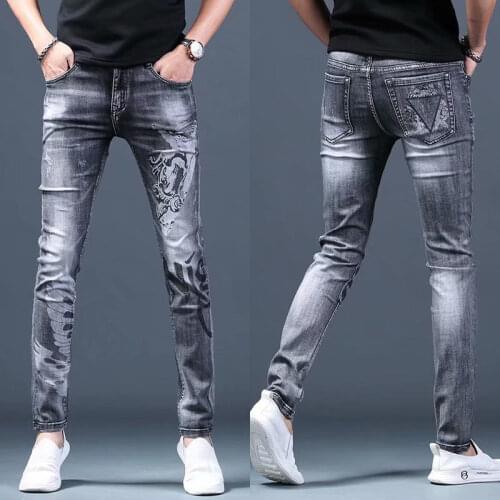 New modle Pants Casual Stretch Gray Straight Pants Personality Youth Printing Fashion Jeans Men