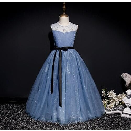 Flower Girl Dresses O-Neck Beading Crystal Lace Princess Ball Gown Tiered Floor-Length Tulle Sequined Pleat Kid Party Dress D224
