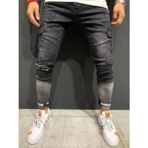 Many colours new Men Multi-pocket Skinny Biker Jeans Motorcycle Hip hop Streetwear elastic Slim fit Cargo Joggers Denim pant