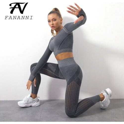FANANNI 2021 New Seamless Knitted Yoga Clothing Suit Hollow Breathable Buttocks Elastic Fitness Sports Yoga Clothing