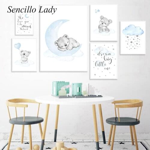 Blue Bear Moon Nursery Canvas Painting Animal Poster Wall Art Print Nordic Kid Decoration Picture Baby Boy Bedroom Decoration