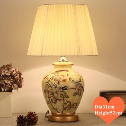 Chinese rustic flower&bird ceramic Table Lamps European classic dimmer/touch fabric E27 LED lamp for bedside&foyer&studio MF009