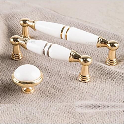 Drawer Kitchen Hardware Cupboard Cabinet Handle European Fashion Gold White Dresser Furniture Pulls Zinc Alloy and Ceramic