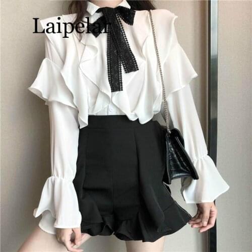 Laipelar Ruffles Blouse Lace Bow tie Design Shirt 2019 Autumn Sweet Korean Fashion Shirts Women Tops Butterfly Sleeve
