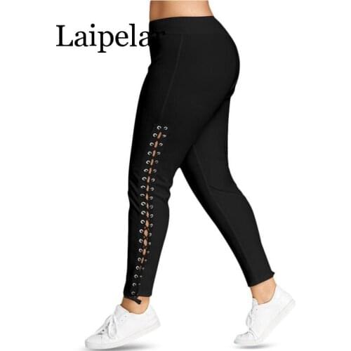 Plus Size Lace Up Grommet Leggings 2019 Skinny Legging Women Pencil Pants Trouser Black White Leggings 2019 Big Size 5XL