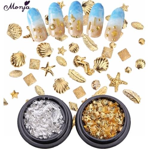 Monja 1PC 2 Colors Nail Art 3D Metal Gold Silver Marine Life Starfish Sea Horse Shell Feather Rivet Studs Decoration Accessories