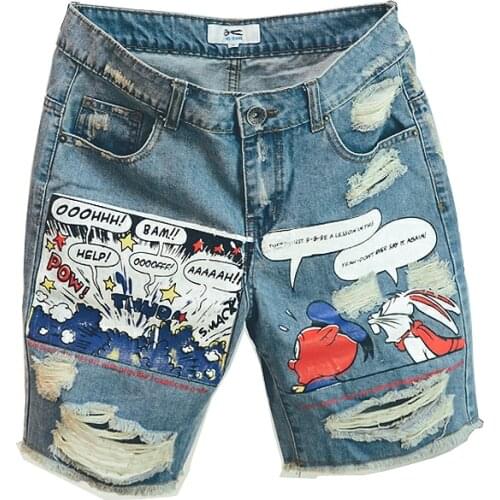 2021 New Arrival Hot Sale Fashion Mens Jeans Print Light Jean Shorts Men Ulzzang Summer Pattern Length Zipper Fly Stonewashed