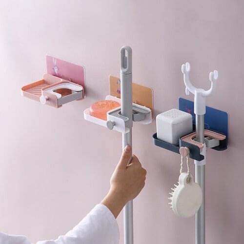 1pcs Wall Mounted Mop Organizer Holder With Shelf Broom Hanger Storage Rack Kitchen Tool For Hanging Hooks Clips Accessories