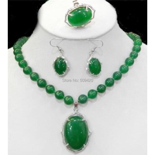 Free Shipping Wholesale>>> Natural Charming Green jade Necklace Ring Earring Jewelry Sets