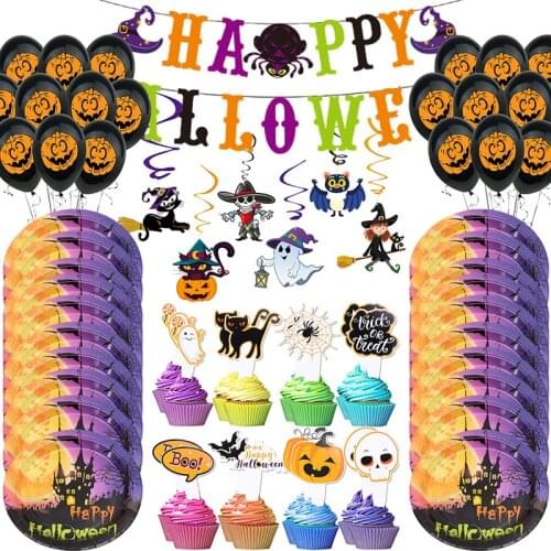 Halloween Disposable Tableware Paper Plates Cups Happy Halloween Banner Pumpkin Balloon Home Decoration For Halloween