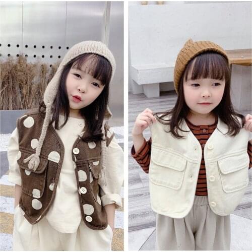 2 3 4 5 6 Years Baby Girls Vest Korean Casual Dot Pocket Waistcoat for Girl Children Kids Sleeveless Jacket Autumn New Arrival