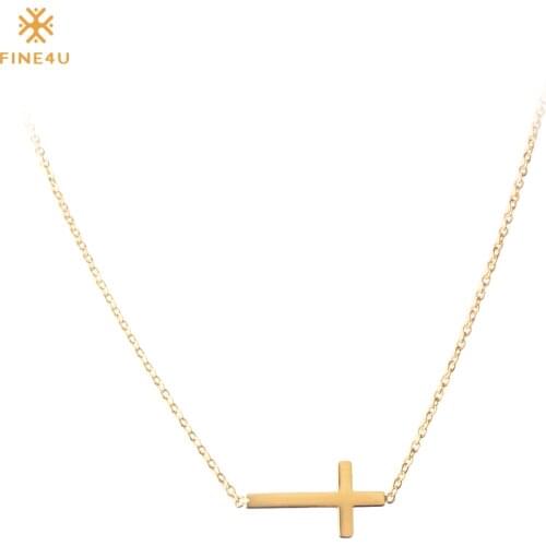 FINE4U N125 Crucifix Cross Pendant Necklace Gold Color 316L Stainless Steel Choker Necklaces Cross Trendy Jewelry Whosale