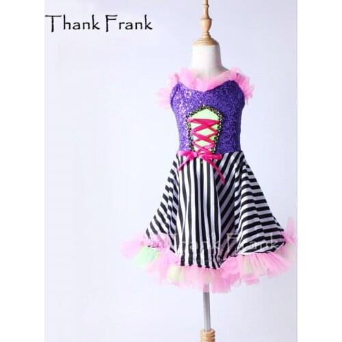 Thank Frank Ruffle Neckline Camisole Latin Dress Girls Adult Purple Sequin Stripe Contemporary Dance Costume C363