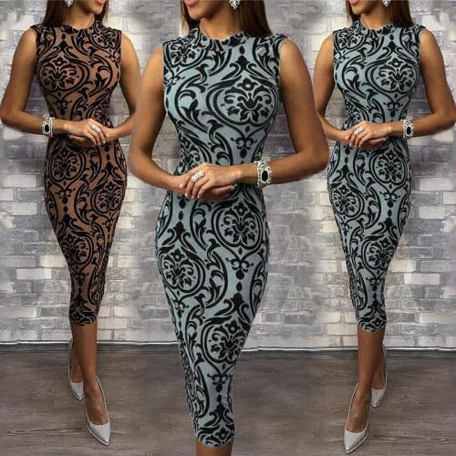 Dress Women Summer Retro Sleeveless O-Neck Skinny Sexy Evening Party Dress Print Midi Pencil Dress vestidos