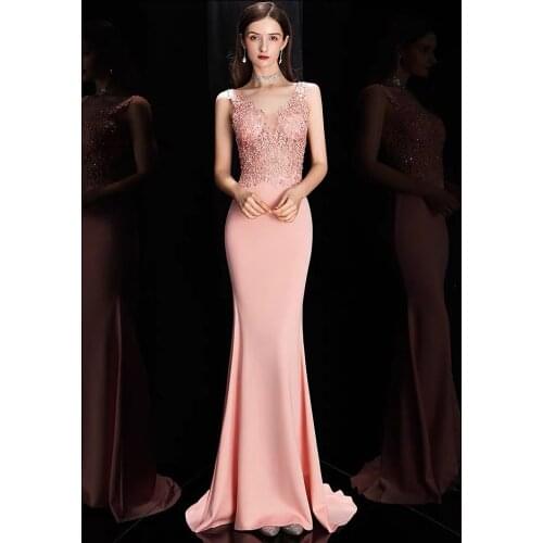 Pink V-neck Bridesmaid Dresses Mermaid Lace Appliques Beading Satin Sleeveless Wedding Party Celebrity Guests Prom Gowns Formal