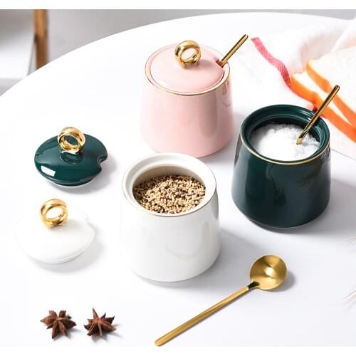 Sugar Bowl Dispenser Salt Container Ceramic Sugar Bowl with Lid and Spoon for Home and Kitchen