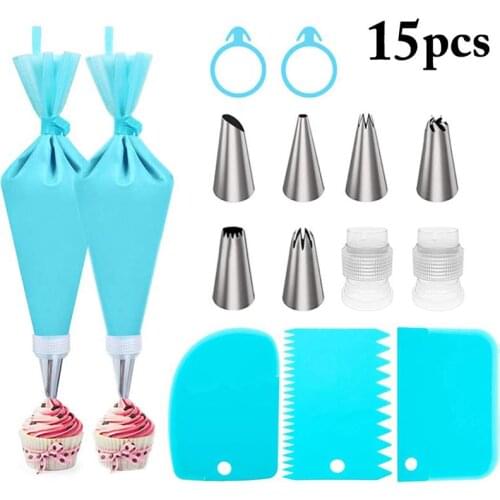 15/17Pcs/Set Silicone Pastry Bag Tips Kitchen Cake Icing Piping Cream Cake Decorating Tools Reusable Pastry Bags+6Nozzle Set
