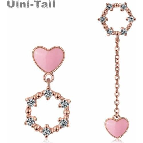 Uini-Tail hot new 925 sterling silver pink heart-shaped asymmetric earrings geometric heart-shaped micro-set earrings ED308