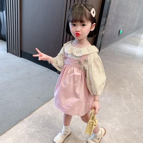 Spring kids girl baby clothes outfit set fashion design floral shirt strap skirt suit for 1 3 T baby birthday girl clothing sets