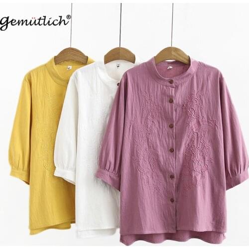 GEMUTLICH Women Big Size Embroidery Shirt Casual Cotton Lantern Three-quarter Sleeve Stand Collar XL-4XL Blouse Plus Size Summer
