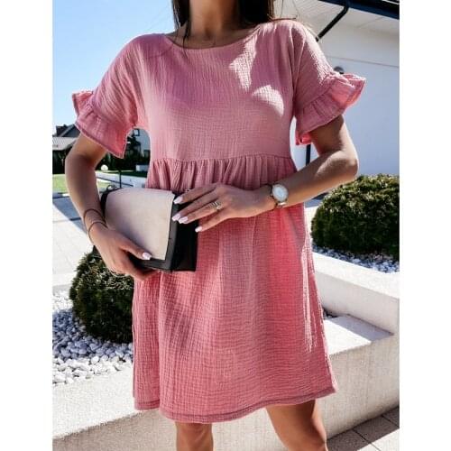 Womens Fashion New Short-Sleeve Solid Color Stitching Dress