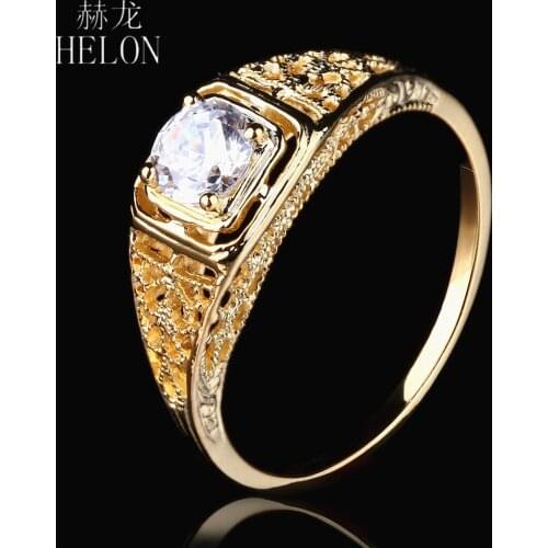 HELON Antique Vintage Art style Jewelry Solid 10k Yellow Gold 4.5mm Round 0.4ct Moissanite Diamond Engagement Wedding Women Ring