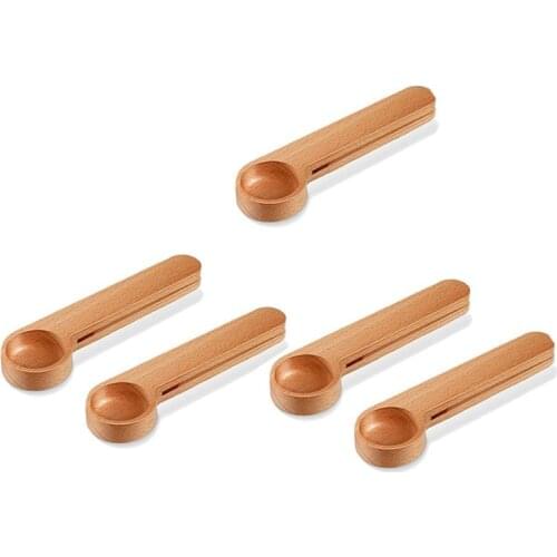 5 Pcs Wooden Coffee Scoop and Bag Clip Measure Spoon 2-In-1 Bags Sealer Measuring Spoon for Beans,Espresso Coffee,Tea