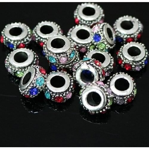 Free Shipping 10pcs 6x12mm Rhinestone Rondelle Metal Spacers Big Hole Charm European Beads Fit Women Bracelet Bangle DIY jewelry