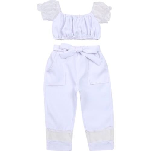 FOCUSNORM Summer Infant Baby Girls Clothes Sets 2pcs Solid Lace Puff Sleeve T Shirts Tops Long Pants 2-7Y