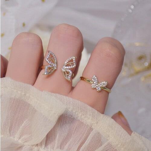 Delicate Jewelry 14K Gold Plated Pierced Adjustable Crystal Butterfly Rings for Women Luxury Cubic Zircon Engagement Rings