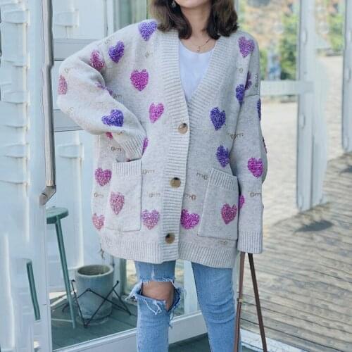 Women Long Oversized Cardigan 2019 Thick Autumn Winter Outwear Lazy Oaf V Neck Heart Jacquard Thick Loose Knitted Sweater Coat