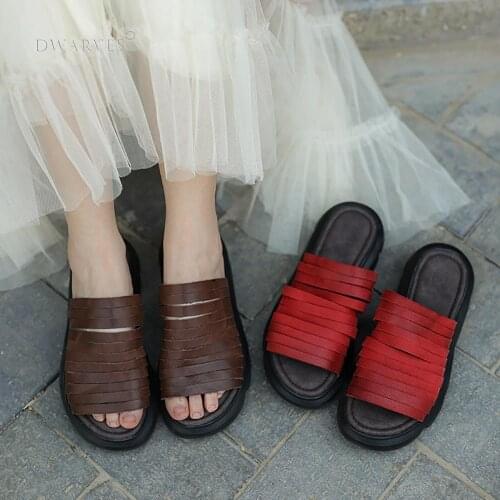 Handmade Gladiator Slippers Women Genuine Leather Platform Summer Slippers Outdoor Red/Coffee