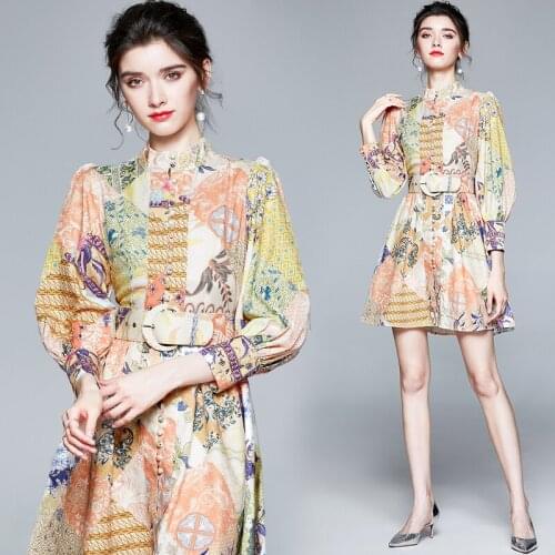 Summer New Product Womens Clothes Vintage Printed Lantern Sleeve Long Sleeve Single-Breasted Dress with Belt