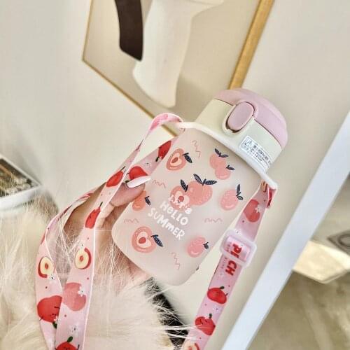 450ML Cute Cartoon Fruit Drinking Straw Glass Cup With Straps Frosted and Leak-Proof Student Kid Portable Travel Water Bottle