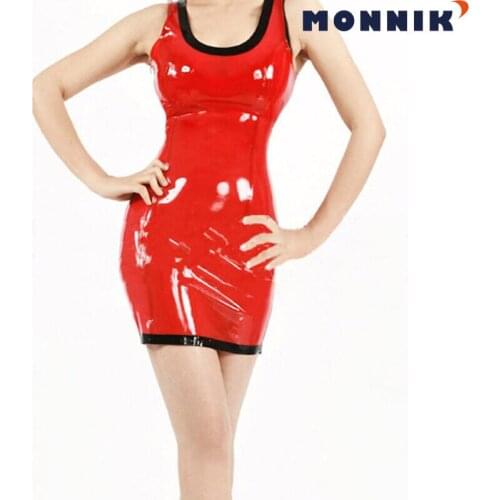 MONNIK latex Sexy Latex Women Dress Red Slim Club Wear Rubber Female Clothing Unique Party