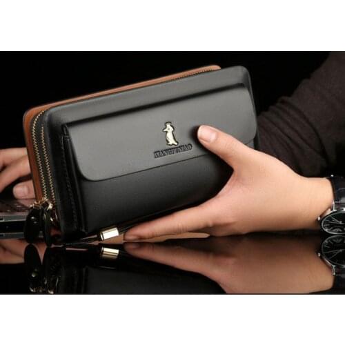 Double zipper mens wallet Retro luxury clutch bag leather wallet Organizer big capacity passport cover male portefeuille homme