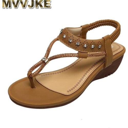 MVVJKE 2020women sandals Black flat Sandals Ladies String Bead Casual Wedges Elastic Band Bohemian Beach Shoes Women flat sandal