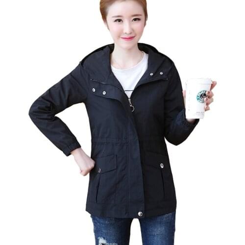 New Womens Spring Jacket Womens Hooded Female Long Jacket Fashion Long Sleeve Overcoat Black Windbreaker Outerwear Tops L34
