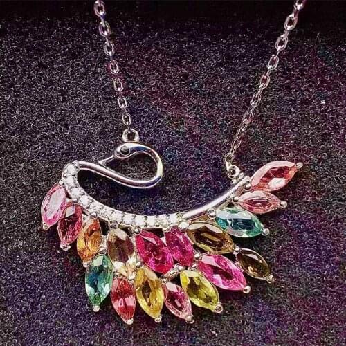 Natural real colorful tourmaline swan style necklace with pendant 925 sterling silver 0.2ct*17pcs gemstone Fine jewelry X216116