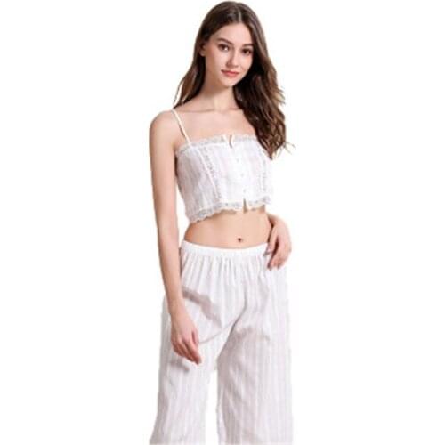Daeyard Womens Pajamas Cotton Summer Pijama Sexy Lace Trim Cami And Pants Ladies' 2Pcs White Pyjama Set Nightwear Sleepwear
